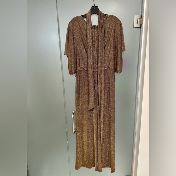 JESSICA HOWARD Womens Gold Belted Flutter Sleeve Party Wide Leg Jumpsuit S - Picture 3 of 3